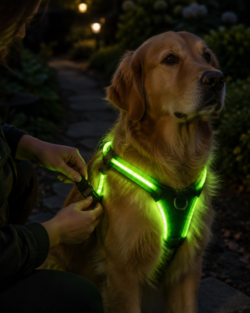 Leuchtgeschirr wird einem Golden Retriever angelegt