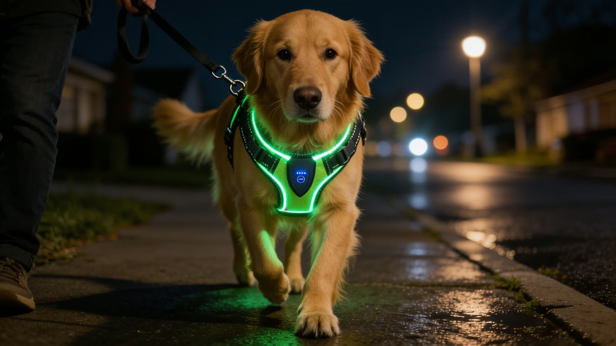 Nachts am Hund: Golden Retriever mit dem Nachtpfote Leuchtgeschirr